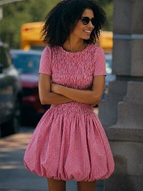 Red Gingham Puffball Mini Dress Sz 6/US Cotton